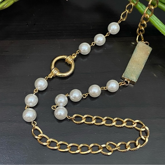 Gold-tone Chain Faux Pearl and Druzzy Crystal 34” Long Necklace - Picture 4 of 12